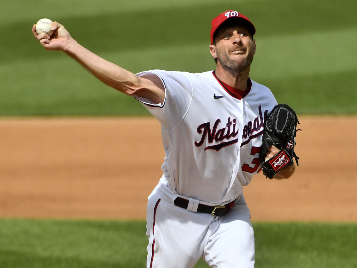 Jul 18, 2021; Washington, District of Columbia, USA; Washington Nationals starting pitcher Max Scherzer (31) throws a pitch against the San Diego Padres during the fourth inning at Nationals Park.